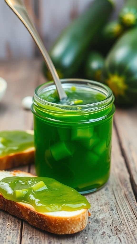 A jar of green zucchini jelly with fresh zucchinis and a slice of bread on a wooden table.